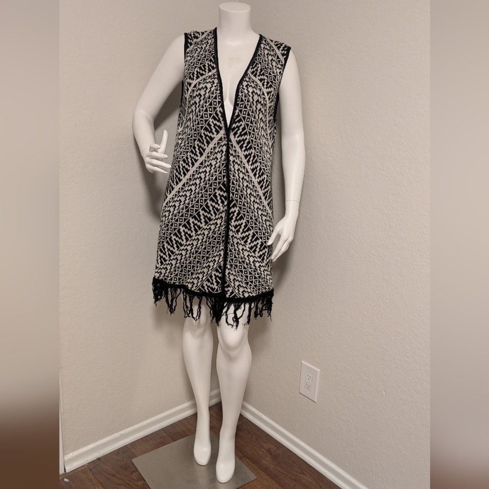 Christopher and Banks Black and White Large Sleeveless Cardigan Vest with Fringe
